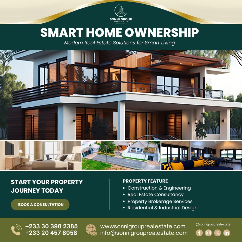 Real estate services Ghana showing modern homes and property development solutions