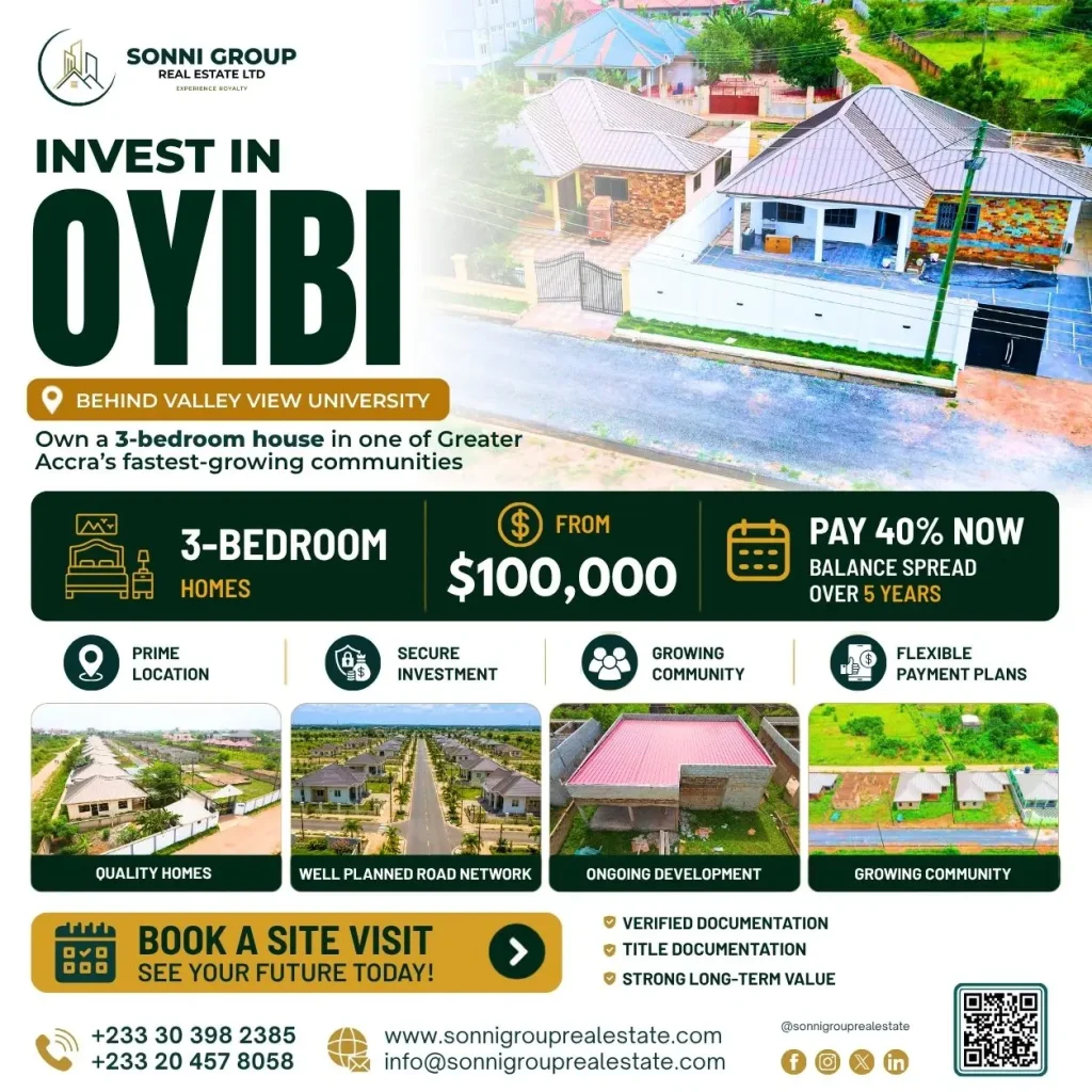 Sonni Group Real Estate flyer advertising Oyibi residential plots behind Valley View University with 70ft by 55ft plot size, $100,000 price, 40 percent deposit payment plan, contact details, and project visuals.