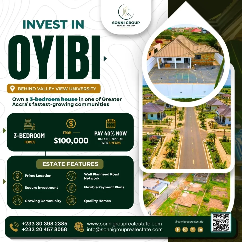 Sonni Group Real Estate flyer advertising a 3-bedroom home in Oyibi behind Valley View University with USD $100,000 price, 40 percent payment plan, estate features, contact numbers, website, email, and QR code.