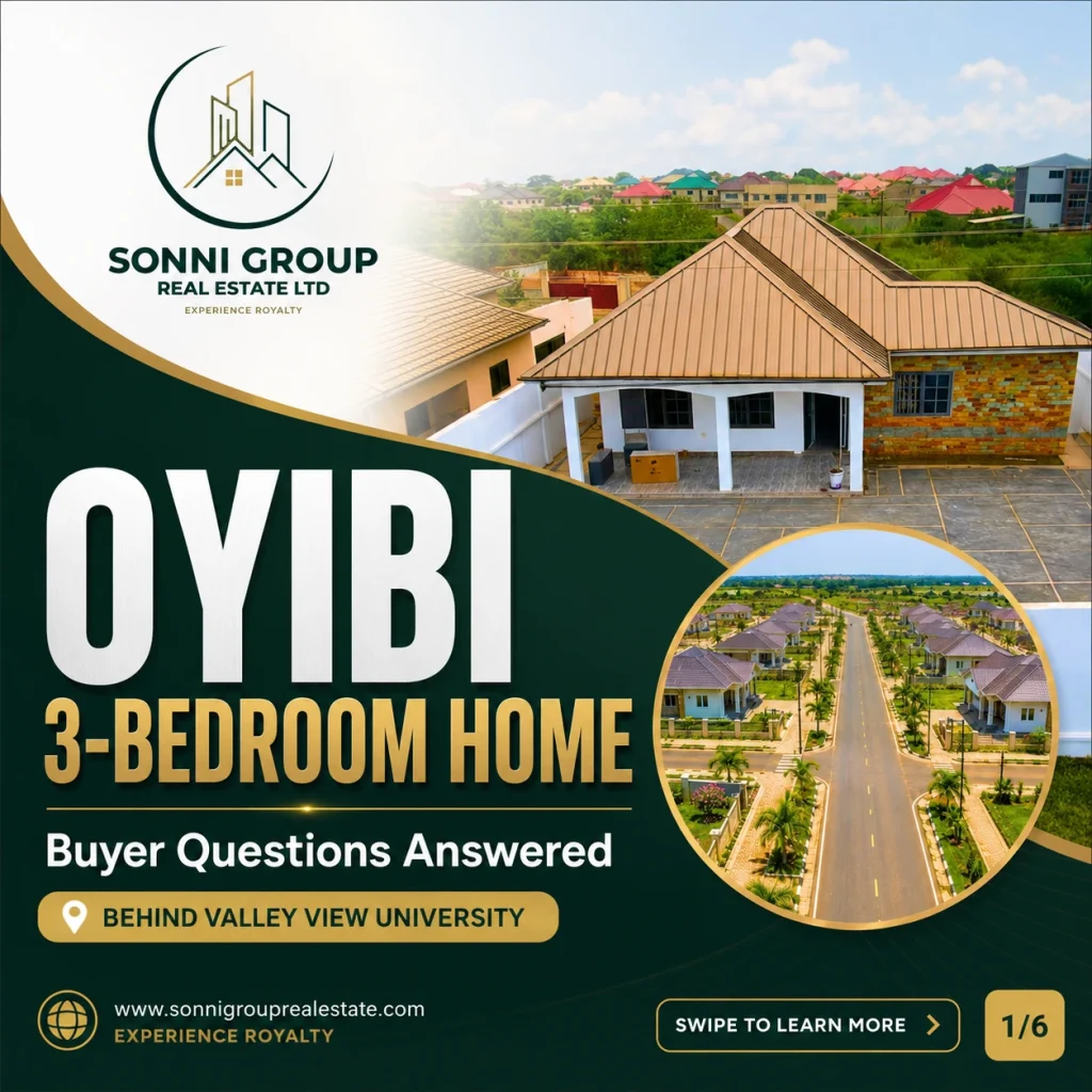 Sonni Group Real Estate Ltd carousel thumbnail answering buyer questions about a 3-bedroom home in Oyibi behind Valley View University.