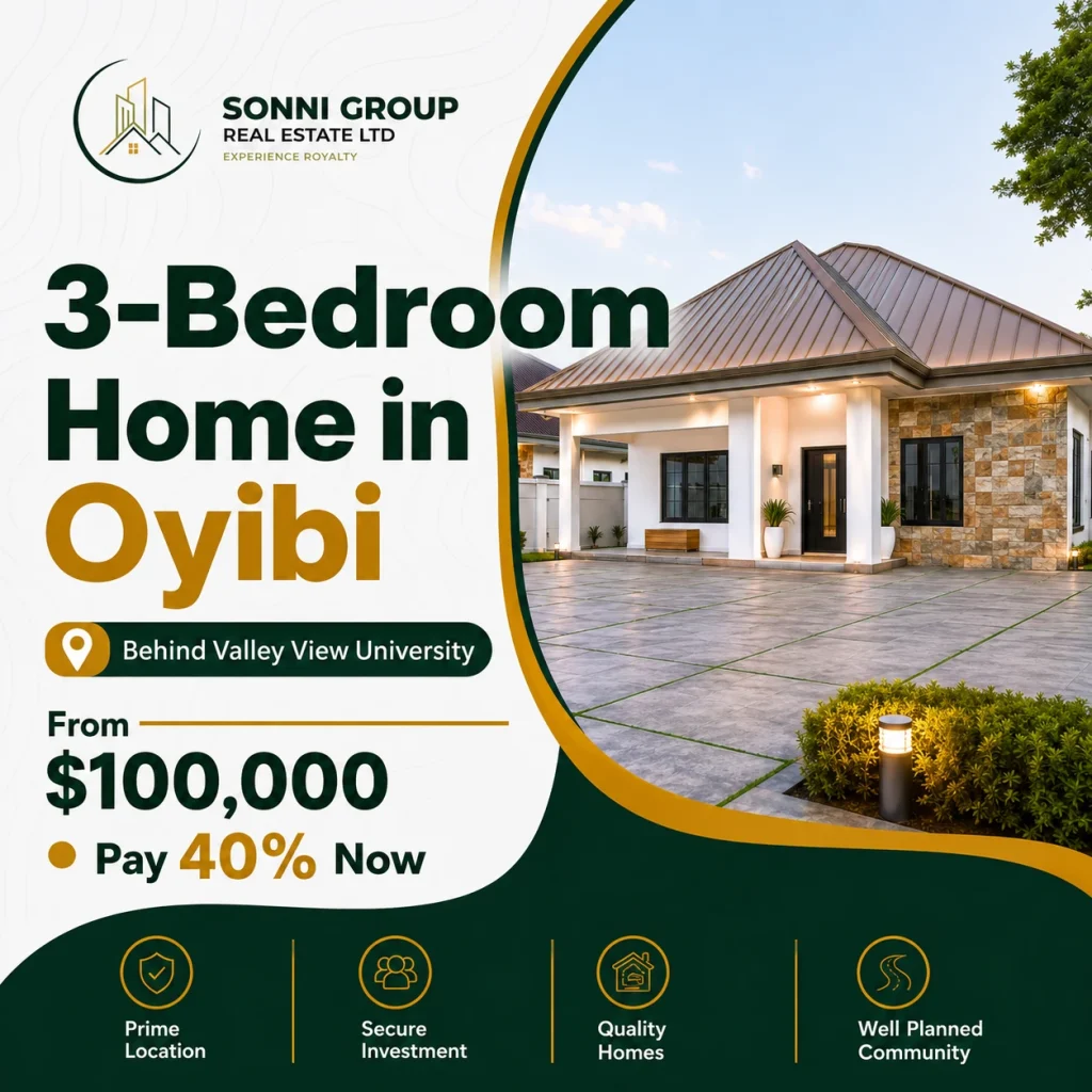 Sonni Group Real Estate Ltd website thumbnail for an Oyibi 3-bedroom home video tour behind Valley View University, showing the property offer, USD $100,000 price, 40 percent payment plan, and key home features.