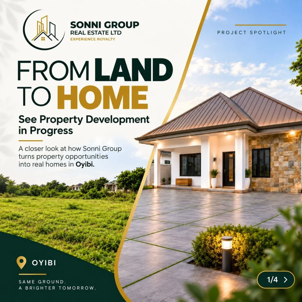Sonni Group Real Estate From Land to Home campaign illustrating property development in Ghana from land planning to a completed home.